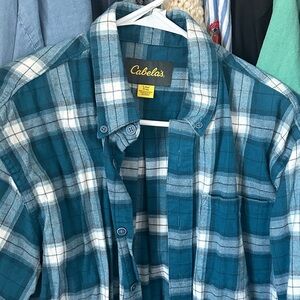 Men's Cabela's flannel Teal and White Plaid Casual Shirt large never worn